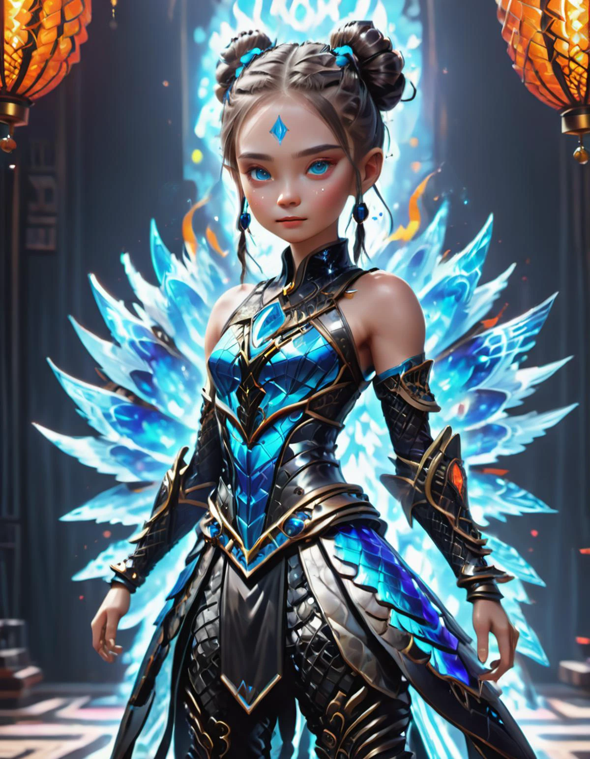 ( fullbody shot:3.0) Ageless Slinky, Native Hawaiian, Blue eyes, Button Nose, Low Forehead, Unusual face shape, Toned Arms, Petite Goatee , Blue Man bun hair, Contentment, wearing F41Arm0rXL <lora:Fae_Armor_XL:1>