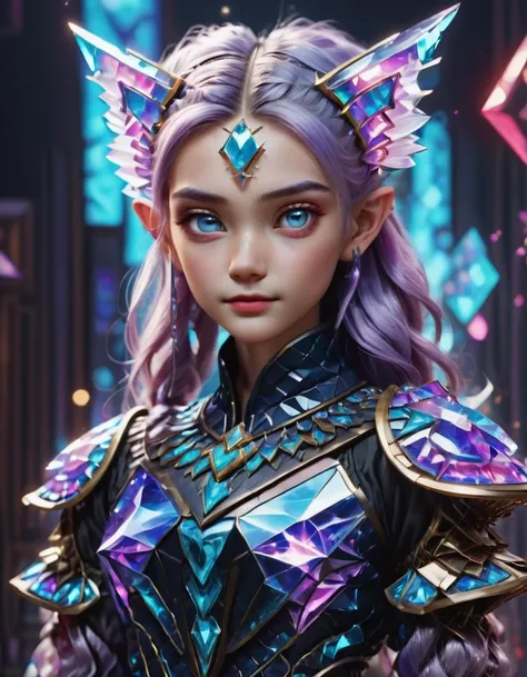 ( fullbody shot:3.0) Senior, Tall, Latin American, Blue eyes, Pointed Chin, Unique Cheeks, Diamond face shape with Angular Cheeks, , Lilac Messy bun hair, Admiration wearing F41Arm0rXL <lora:Fae_Armor_XL:1>