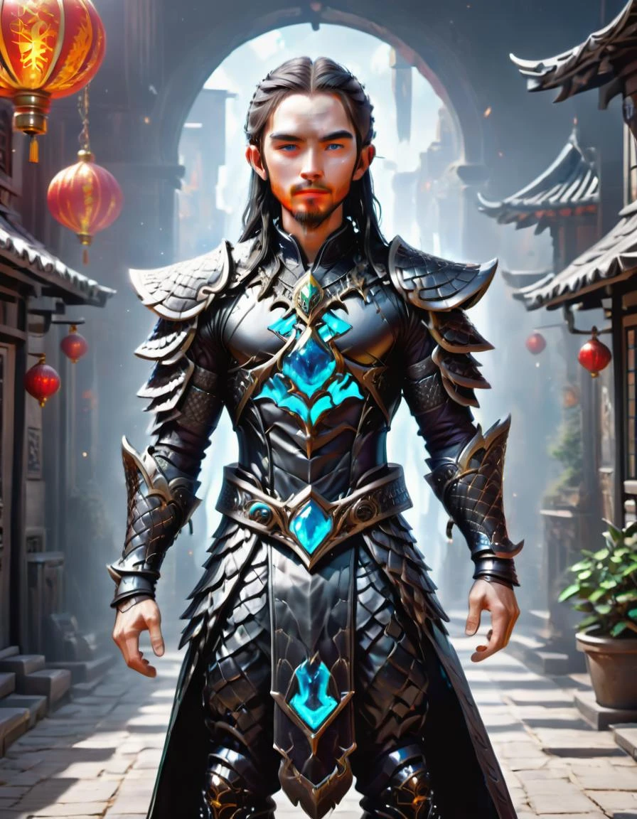 ( fullbody shot:3.0) maLe Retirement age Ripped, Central Asian, Gray eyes, Unique Jaw, Round Cheeks, Asymmetrical Forehead, Long Legs, Friendly Mutton Chops Beard , Black Long and straight hair, Amusement, wearing F41Arm0rXL <lora:Fae_Armor_XL:1>