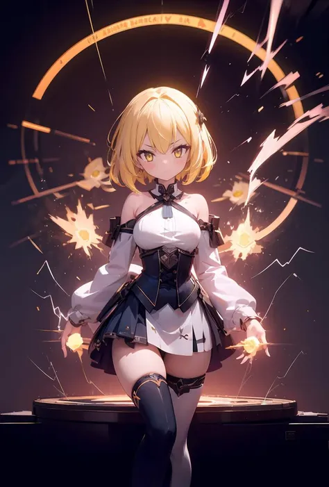 (masterpiece, best quality), 1girl, yellow hair, sparks hair, yellow eyes, electricity sparks, thunder blade, yellow magic circle, yellow corset, black thighhighs, sidelighting, light particles, abstract,