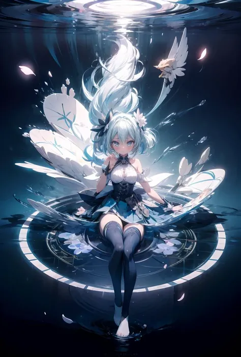 (masterpiece, best quality), 1girl, light blue hair, water hair, light blue eyes, flying petals, water blade, light blue water magic circle, light blue corset, black thighhighs, sidelighting, light particles, abstract, <lora:add_detail:1>