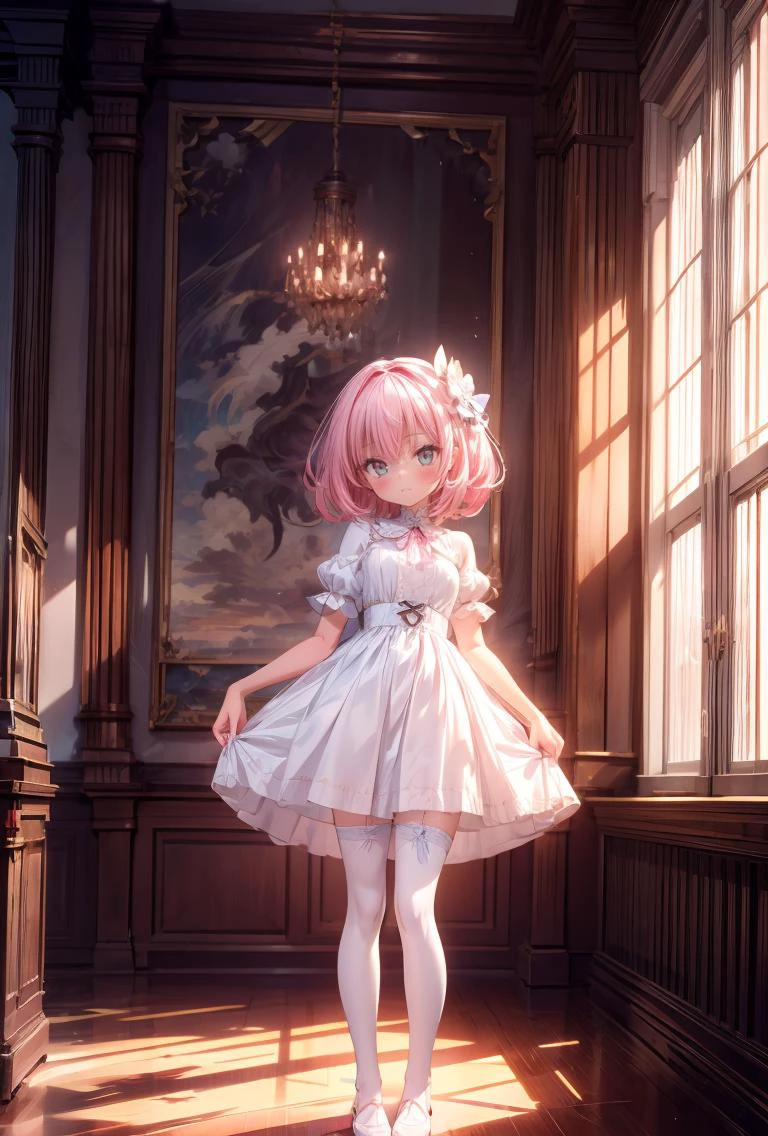 (masterpiece, best quality), 1girl, blue and white frill dress, (white stockings), pink hair, cute face, standing, indoor, intricate detail, sunlight, <lora:add_detail:1>