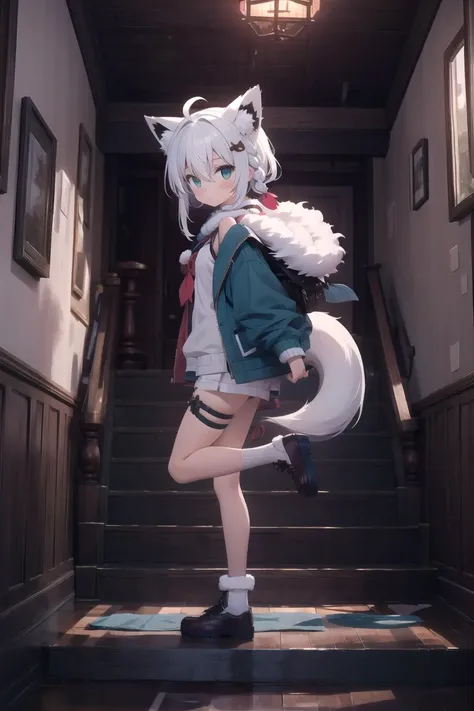 (masterpiece),best quality,from_side,Dark environment,Stand on one foot,Stand against the wall,One knee up,Lift one foot,Put foot against the opposite wall,1girl,shirakami fubuki,virtual youtuber,animal ears,fox ears,fox girl,white hair,fox tail,jacket,thigh strap,long hair,ahoge,bangs,braid,fur trim,green eyes,hair between eyes,stairs,sidelocks,looking at viewer,