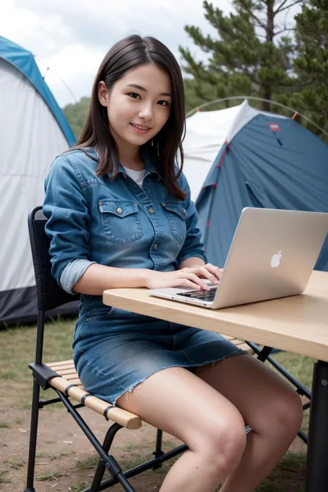 1girl, smile, ready to camp, sit on camping chair, camping table, laptop, tent, outdoor,the most beautiful image ever seen, uhd, RAW, sharp focus, (photorealistic), best quality, ultra high res, masterpiece <lora:koreaface15:0.7>