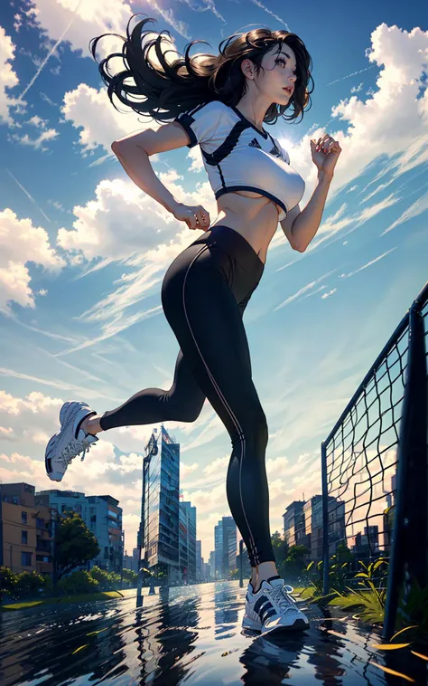 masterpiece, (park), ray-tracing, ultra-realistic lights and shadows, 1woman, ultra-realistic, (face: dry, thin lips, beautiful, cute, clear, detailed, squint eyes), (long eyelashes, natural body proportions, perfect body shape, perfect legs, (thin hips), perfect nails, perfect hands, high detailed, 8k, ultra details, long hair, summer, full body, realistic reflections, caustics, joging, sport outfit, adidas, low angle, ((strong wind)), park, adidas leggins, <lora:koreaface15:0.7>