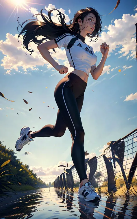 masterpiece, (park), ray-tracing, ultra-realistic lights and shadows, 1woman, ultra-realistic, (face: dry, thin lips, beautiful, cute, clear, detailed, squint eyes), (long eyelashes, natural body proportions, perfect body shape, perfect legs, (thin hips), perfect nails, perfect hands, high detailed, 8k, ultra details, long hair, summer, full body, realistic reflections, caustics, joging, sport outfit, adidas, low angle, ((strong wind)), park, adidas leggins, <lora:koreaface15:0.7>
