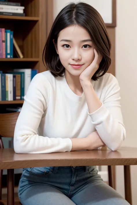 nsfw, 1girl, korean girl study with sit chair, smile, long sleeve, long pants, elbow on table, bookcase is behiind, short hair, books on table, the most beautiful image ever seen, uhd, RAW, sharp focus, (photorealistic), best quality, ultra high res, masterpiece, <lora:koreaface15:0.8>