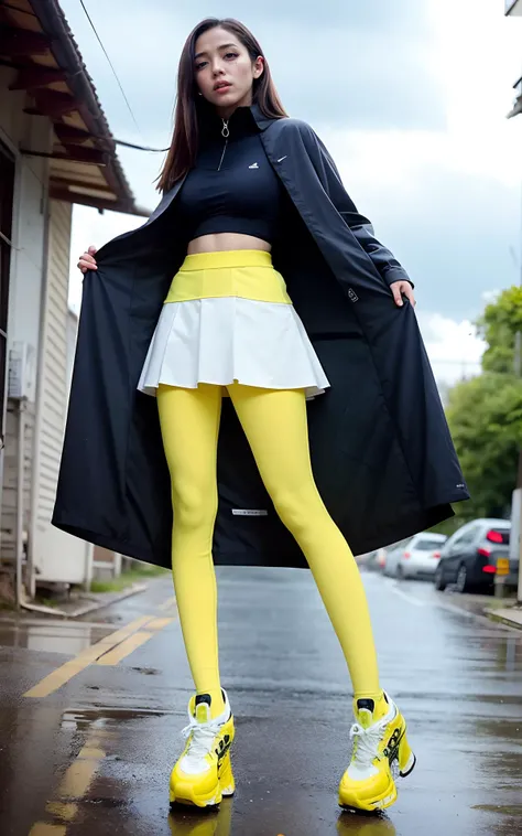 Japanese, cyberpank, perfect nails, wet hair, very long hair, (proud face:1.2), Jpop idol, (RAW photo:1.2), (photorealistic:1.4), (masterpiece:1.3), (intricate details:1.2), open neck, delicate, (head_scale:0.8), ((yellow)), ((blue)), beautiful detailed, (detailed eyes), (detailed facial features), tall female, petite, small breasts, narrow waist, skin tight, (((leggins, transparent coat, transparent clothes, circle skirt))), (looking_at_viewer), from_front, (best quality:1.4), (ultra highres:1.2), cinema light, outdoors, ((heavy rain, strong wind, storm)), megalopolis, (extreme detailed illustration), (long eyelashes, best quality, ultra highres, depth of field, caustics, Broad lighting, natural shading, 85mm, f/1.4, ISO 200, 1/160s:0.75) <lora:koreaface15:0.2><lora:nijiMecha:0.5><lora:clothesUpdate:1.0>