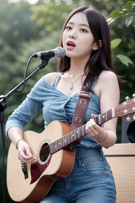 nsfw, 1girl, korean girl play guitar and singing, stand mic, free style cloth, jewelry, crowed outdoor, the most beautiful image ever seen, uhd, RAW, sharp focus, (photorealistic), best quality, ultra high res, masterpiece, <lora:koreaface15:0.8>