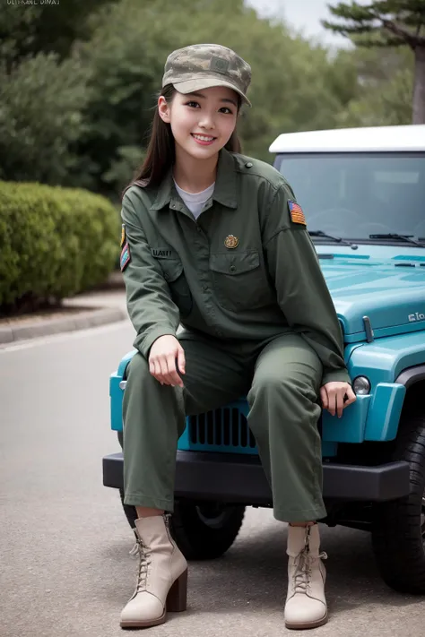 nsfw, 1girl sit on the jeep with smile, military shirt, military pants, hat, outdoor, hut, the most beautiful image ever seen, realistic, uhd, RAW, sharp focus, photorealistic, best quality, korea,fullbody, ultra high res, masterpiece <lora:koreaface10:0.8>