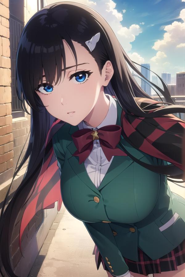 Anime girl with long black hair and blue eyes in a green jacket - SeaArt AI