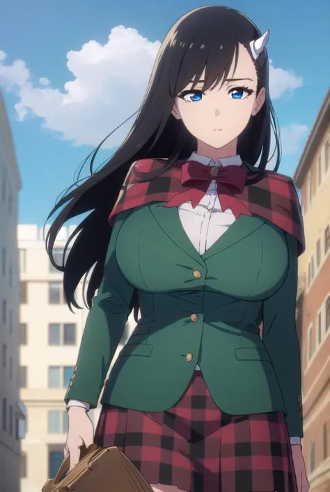 noelniihashi, <lora:noel niihashi anime-lora-nochekaiser:1>,
noel niihashi long hair, blue eyes, black hair, hair ornament, hairclip, (large breast:1.2),
BREAK skirt, shirt, long sleeves, bow, school uniform, jacket, white shirt, pleated skirt, collared shirt, bowtie, red bow, plaid, capelet, blazer, green skirt, green jacket,
BREAK outdoors, city, sun, sky, clouds,
BREAK looking at viewer, (cowboy shot:1.5),
BREAK <lyco:GoodHands-beta2:1>, (masterpiece:1.2), best quality, high resolution, unity 8k wallpaper, (illustration:0.8), (beautiful detailed eyes:1.6), extremely detailed face, perfect lighting, extremely detailed CG, (perfect hands, perfect anatomy),