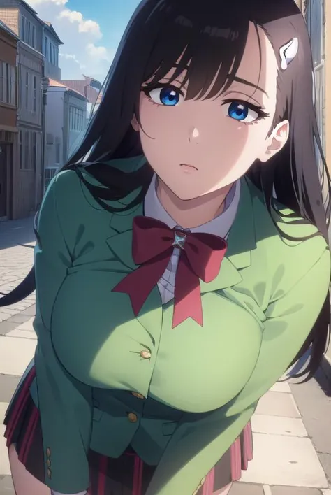 noelniihashi, <lora:noel niihashi anime-lora-nochekaiser:1>,
noel niihashi long hair, blue eyes, black hair, hair ornament, hairclip, (large breast:1.2),
BREAK skirt, shirt, long sleeves, bow, school uniform, jacket, white shirt, pleated skirt, collared shirt, bowtie, red bow, plaid, capelet, blazer, green skirt, green jacket,
BREAK outdoors, city, sun, sky, clouds,
BREAK looking at viewer, (cowboy shot:1.5),
BREAK <lyco:GoodHands-beta2:1>, (masterpiece:1.2), best quality, high resolution, unity 8k wallpaper, (illustration:0.8), (beautiful detailed eyes:1.6), extremely detailed face, perfect lighting, extremely detailed CG, (perfect hands, perfect anatomy),