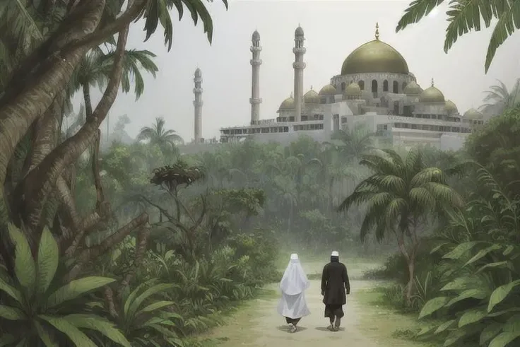 a man and his wife with moslem fashion walking in the jungle, from behind, a mosque from afar