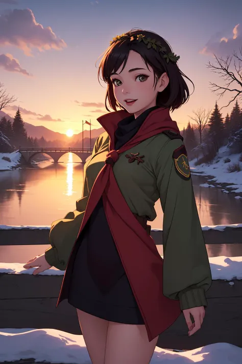 (high quality, best quality, masterpiece:1.2), (1girl, woman, solo:1.3), (warm winter sunset:1.1), (current age:1.2), (fantasy world, dryad :1.2), (older scout:1.2), (short straight hair:1), (happy expression:1), (volumetric lighting:1), (petite body:1), (inside likeable bridge:1.2),