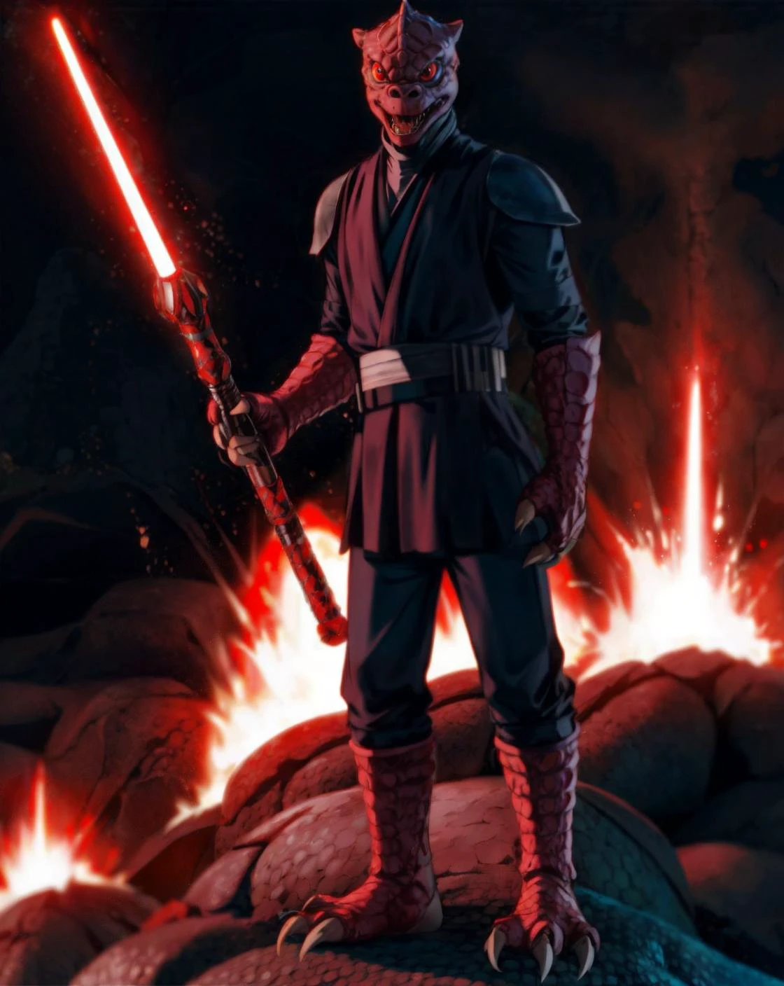 trandoshan alien in sthoutfit,on lava,lighstaber<lora:Trandoshan:0.8> <lora:sthoutfitV2:0.8>