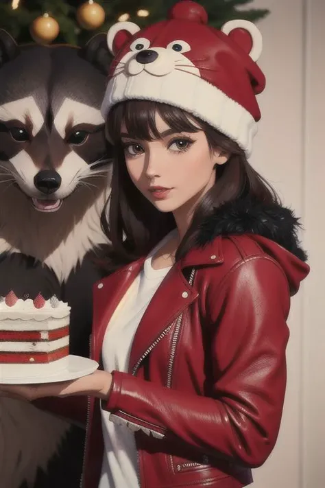 stylish bear in a festive cap, cake, raccoon in a red leather jacket,