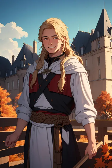 (high quality, best quality, masterpiece:1.2), (1boy, man, solo:1.3), (warm autumn day:1.1), (feudal ages:1.2), (northern europe, scandinavian, norse :1.2), (young carpenter:1.2), (long curly hair:1), (smiling expression:1), (volumetric lighting:1), (slim body:1), (in beautiful chateau:1.2),