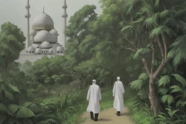 a man and his wife with moslem fashion walking in the jungle, from behind, a mosque from afar