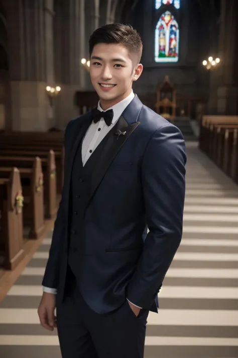 <lora:nwsj_boy_v1.0:0.7:FACE>1man, crew cut, watch, 
cowboy_shot, smile, 
Muscular Frame, looking at the viewer, 
groom's formal wear,
church,