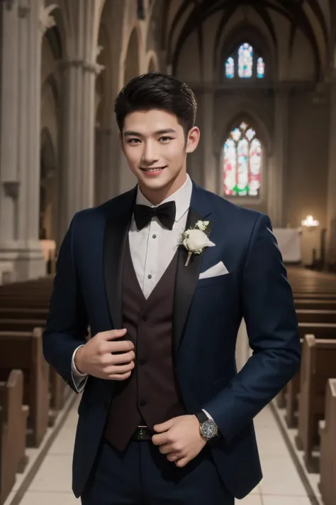 <lora:nwsj_boy_v1.0:0.7:FACE>1man, crew cut, watch,
cowboy_shot, smile,
Muscular Frame, looking at the viewer,
groom's formal wear,
church,
