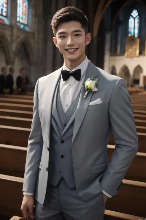 <lora:nwsj_boy_v1.0:0.7:FACE>1man, crew cut, watch,
cowboy_shot, smile,
Muscular Frame, looking at the viewer,
groom's formal wear,
church,