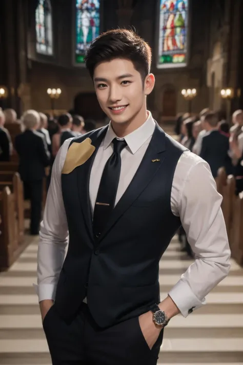 <lora:nwsj_boy_v1.0:0.7:FACE>1man, crew cut, watch,
cowboy_shot, smile,
Muscular Frame, looking at the viewer, necklace,
groom's formal wear,
church,