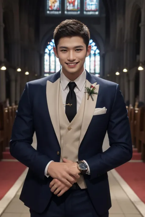 <lora:nwsj_boy_v1.0:0.7:FACE>1man, crew cut, watch,
cowboy_shot, smile,
Muscular Frame, looking at the viewer,
groom's formal wear,
church,