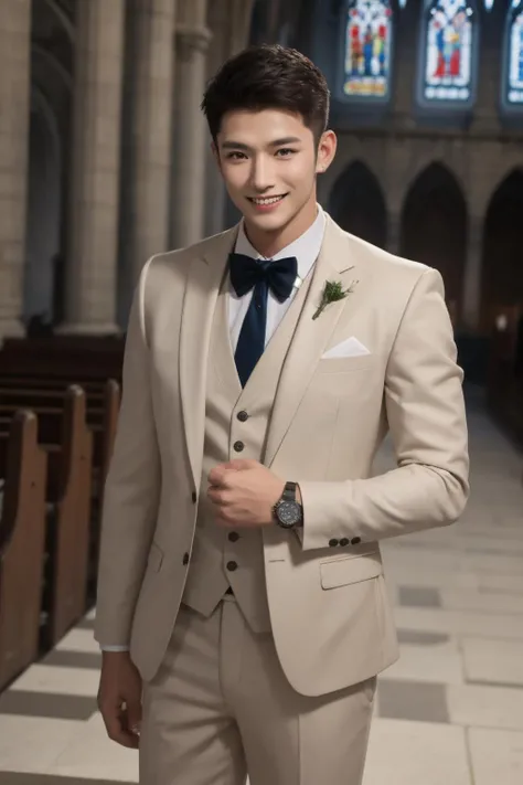 <lora:nwsj_boy_v1.0:0.7:FACE>1man, crew cut, watch, 
cowboy_shot, smile, 
Muscular Frame, looking at the viewer, 
groom's formal wear,
church,
