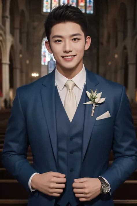 <lora:nwsj_boy_v1.0:0.7:FACE>1man, crew cut, watch,
cowboy_shot, smile,
Muscular Frame, looking at the viewer,
groom's formal wear,
church,