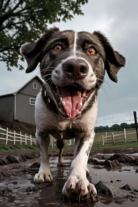angry dog, barking and lunging forward, slobber, low angle, from below, close-up, stones, mud, outside, farm with fences in the background, dark night, rain, highly detailed,