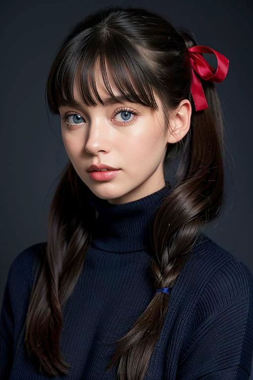 1women, 32yo, solo, long hair, sweater, red sweater, looking at viewer, blue background, black hair, simple background, two side up, turtleneck, blue eyes, lips, closed mouth, ribbon, hair ribbon, bangs, turtleneck sweater, upper body, parted bangs, black ribbon, ribbed sweater, twintails, nose,