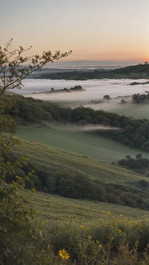 An intimate macro shot of a mist-covered valley at dawn, emphasizing the delicate, diaphanous spiderwebs woven among vibrant wildflowers, underlining the scene's intricate beauty.