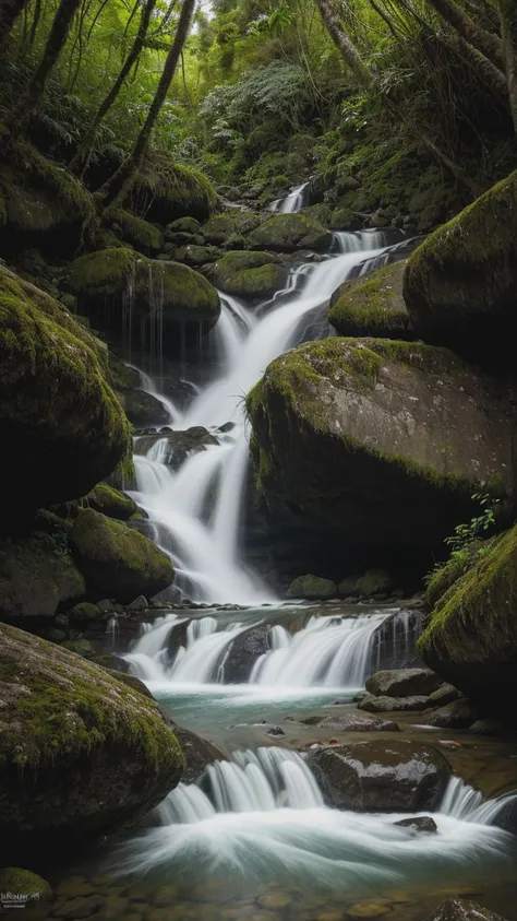 A captivating long-exposure image of a cascading waterfall in a rainforest, showcasing the silky flow of water against a backdrop of vibrant, high-detail foliage.