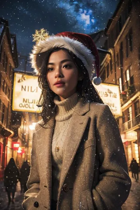 (masterpiece),
1girl,
OverallDetail,
starry,strry light,night,colorful,cloud,star \(sky\),
christmas babe, christmas hat,
beige business coat,
black hair, floating hair,
looking at viewer,
((sexy pose)), flirtatious, proud mood,
godly light aura,
perfect face feature,
winter background, ((snowing)), night, warm light,
HDR, 4k textures, realistic, intricate details,