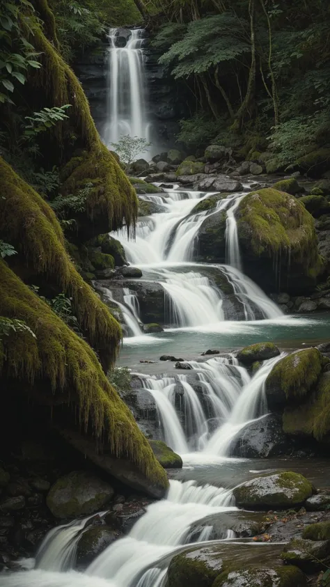A captivating long-exposure image of a cascading waterfall in a rainforest, showcasing the silky flow of water against a backdrop of vibrant, high-detail foliage.