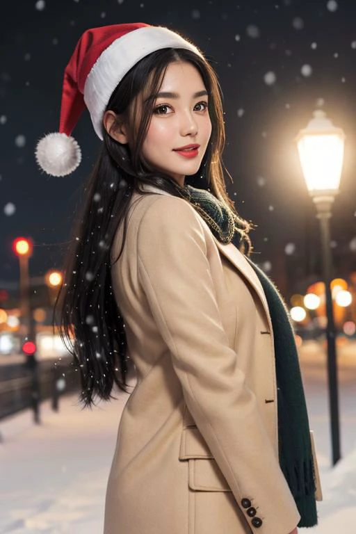 (masterpiece),
1girl,
christmas babe, christmas hat,
beige business coat, 
black hair, floating hair,
looking at viewer,
((sexy pose)), flirtatious, proud mood,
godly light aura,
perfect face feature,
winter background, ((snowing)), night, warm light,
HDR, 4k textures, realistic, intricate details,