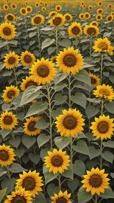 A high-contrast close-up photograph of radiant, ultradetailed sunflowers in a field, capturing the vibrant colors and intricate patterns under the golden light of the sun.