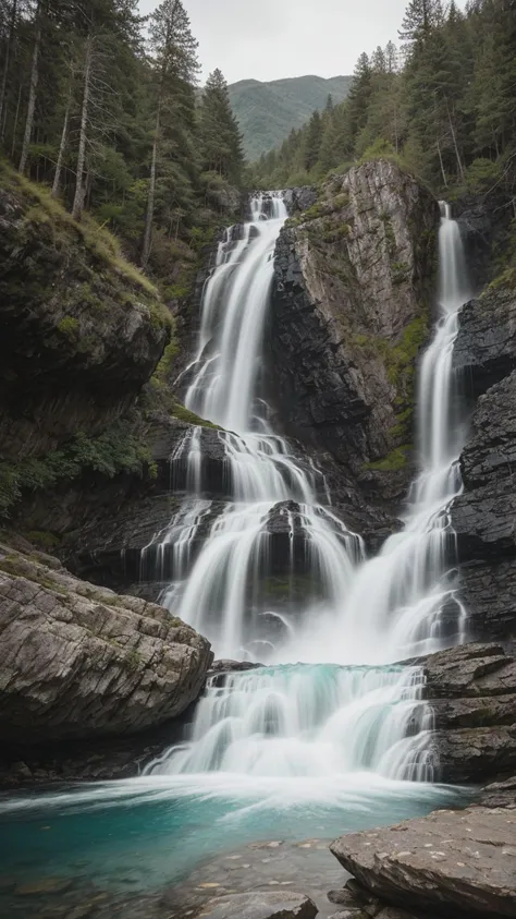 A pristine long-exposure photograph capturing the cascading movement of a high-detail waterfall against a backdrop of rugged cliffs, emphasizing the silky flow and radiant turquoise hues of the water.