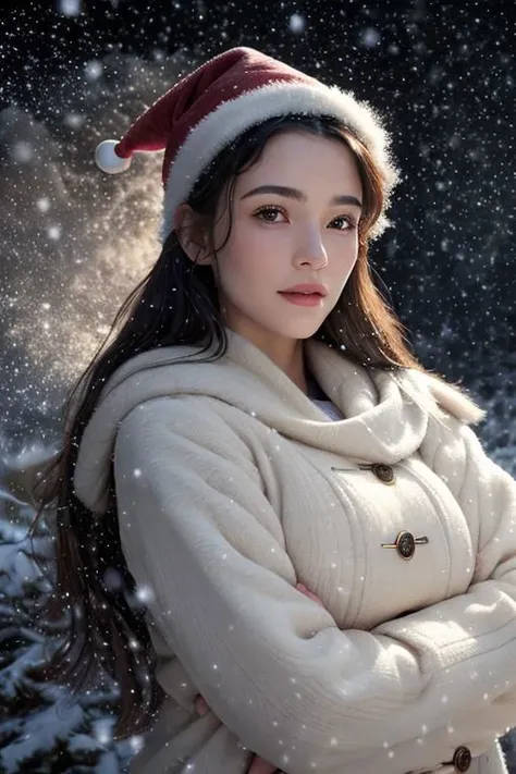 (masterpiece),
1girl,
OverallDetail,
DarkFantasy,
starry,night,colorful,cloud,star \(sky\),
christmas babe, red christmas hat,
beige business coat,
black hair, floating hair,
looking at viewer,
((sexy pose)), flirtatious, proud mood,
godly light aura,
perfect face feature,
winter background, ((snowing)), night, warm light,
HDR, 4k textures, realistic, intricate details,