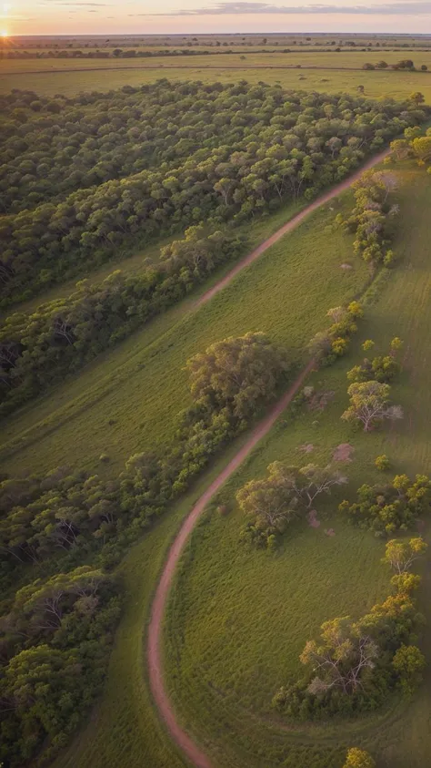 A breathtaking aerial view of a sunset over the savanna, filmed with a drone to capture the golden hour's high-contrast, symmetrical beauty as it bathes a herd of elephants, showcasing the scene's vastness.