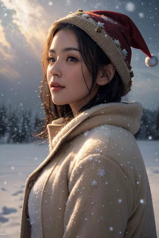 (masterpiece),
1girl,
OverallDetail,
DarkFantasy,
starry,night,colorful,cloud,star \(sky\),
christmas babe, red christmas hat,
beige business coat, 
black hair, floating hair,
looking at viewer,
((sexy pose)), flirtatious, proud mood,
godly light aura,
perfect face feature,
winter background, ((snowing)), night, warm light,
HDR, 4k textures, realistic, intricate details,