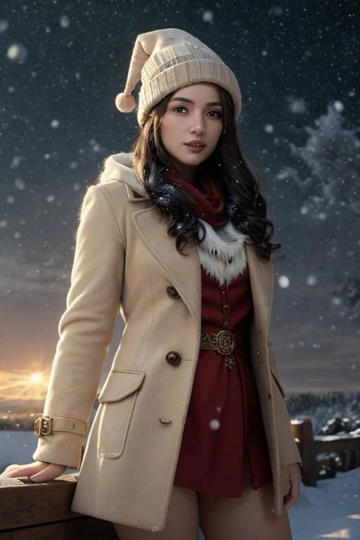 (masterpiece),
1girl,
OverallDetail,
DarkFantasy,
starry,night,colorful,cloud,star \(sky\),
christmas babe, red christmas hat,
beige business coat,
black hair, floating hair,
looking at viewer,
((sexy pose)), flirtatious, proud mood,
godly light aura,
perfect face feature,
winter background, ((snowing)), night, warm light,
HDR, 4k textures, realistic, intricate details,