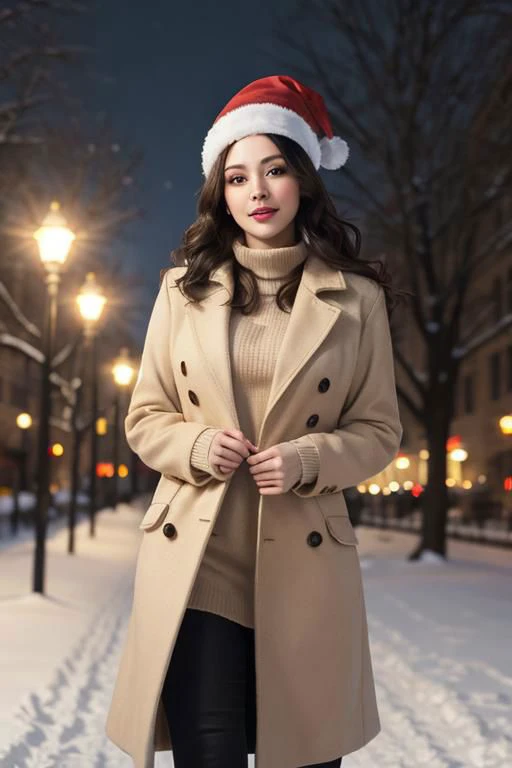 (masterpiece),
1girl,
christmas babe, christmas hat,
beige business coat, 
black hair, floating hair,
looking at viewer,
((sexy pose)), flirtatious, proud mood,
godly light aura,
perfect face feature,
winter background, snowing, night, warm light,
HDR, 4k textures, realistic, intricate details,