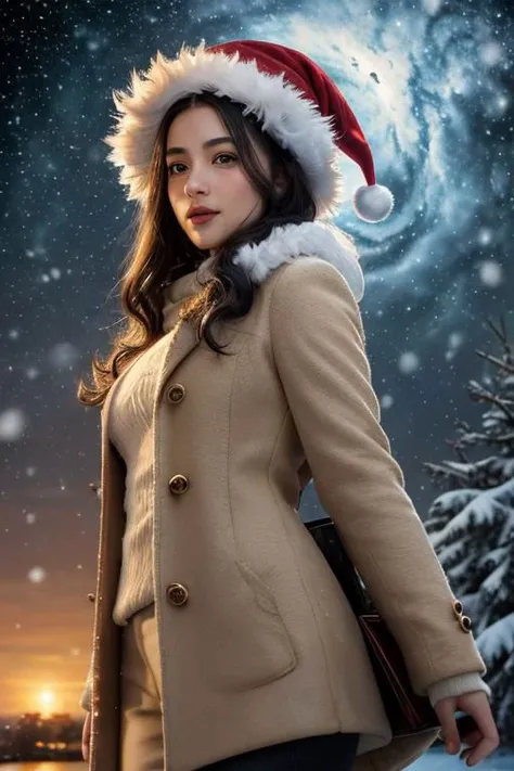 (masterpiece),
1girl,
OverallDetail,
DarkFantasy,
starry,night,colorful,cloud,star \(sky\),
christmas babe, red christmas hat,
beige business coat,
black hair, floating hair,
looking at viewer,
((sexy pose)), flirtatious, proud mood,
godly light aura,
perfect face feature,
winter background, ((snowing)), night, warm light,
HDR, 4k textures, realistic, intricate details,
