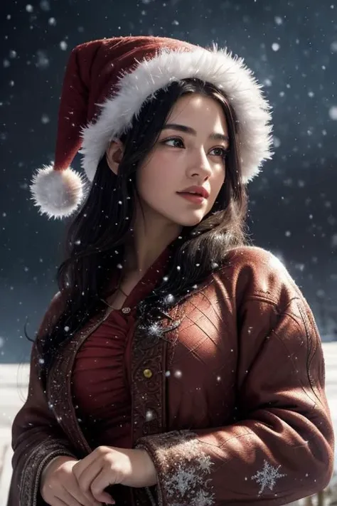 (masterpiece),
1girl,
OverallDetail,
DarkFantasy,
starry,night,colorful,cloud,star \(sky\),
christmas babe, red christmas hat,
business coat,
black hair, floating hair,
looking at viewer,
((sexy pose)), flirtatious, proud mood,
godly light aura,
perfect face feature,
winter background, ((snowing)), night, warm light,
HDR, 4k textures, realistic, intricate details,