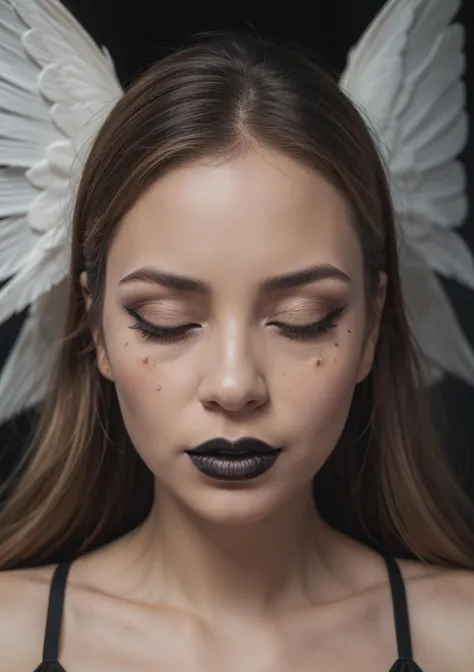 hyperrealistic, 8K, 1woman, (closed eyes, facing viewer, lying down, gothic, black lips, roses, dark night), ([closeup to her lips, mariah carey], :0.85) (hidrocor lenses, contacts, iris),8K,Best quality, masterpiece, ultra high res, (photorealistic:1.4), raw photo, (Authentic skin texture:1.3), (film grain:1.3),different photo angle,beautiful detailed eyes and face,masterpiece, (Best Quality, Masterpiece:1.4), (Realism:1.2), (Realisitc:1.2), (Absurdres:1.2), (photorealistic:1.3), ( Very Big Eyes,beautiful detailed eyes, symmetric eyes),cowboy shot,dress,wings