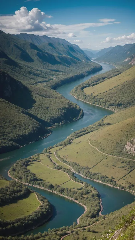 A meticulously composed, ultradetailed shot of a pristine river winding through a symmetrical valley, using a wide-angle lens to capture the azure sky and intricate landscape in high definition.