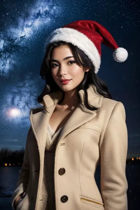 (masterpiece),
1girl,
OverallDetail,
starry,night,colorful,cloud,star \(sky\),
christmas babe, red christmas hat,
beige business coat,
black hair, floating hair,
looking at viewer,
((sexy pose)), flirtatious, proud mood,
godly light aura,
perfect face feature,
winter background, ((snowing)), night, warm light,
HDR, 4k textures, realistic, intricate details,