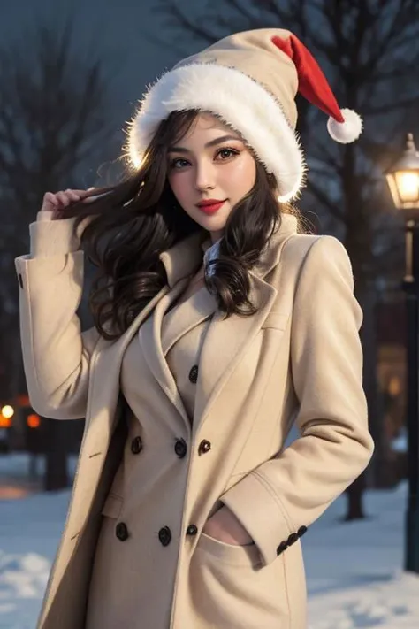 (masterpiece),
1girl,
christmas babe, christmas hat,
beige business coat, 
black hair, floating hair,
looking at viewer,
((sexy pose)), flirtatious, proud mood,
godly light aura,
perfect face feature,
winter background, snowing, night, warm light,
HDR, 4k textures, realistic, intricate details,